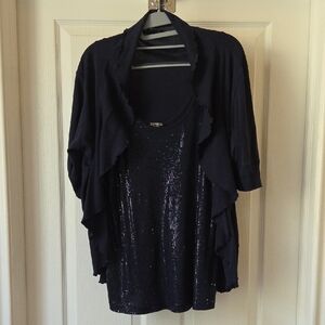 Express Sexy Basics Navy Sequin Tank with Navy Ruffle Cardigan